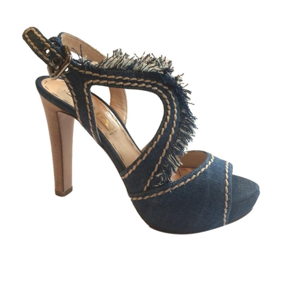- Prada Denim Fringe Strappy Wooden Heeled Sandal